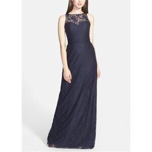 $370 AMSALE Illusion Yoke Lace SLEEVELESS GOWN DRESS NAVY BLUE 6